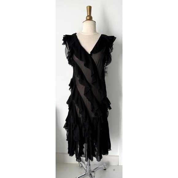 DKNY 100% Silk Classy Vintage Asymmetric Ruffle Dress with Detachable Lining - Picture 1 of 10